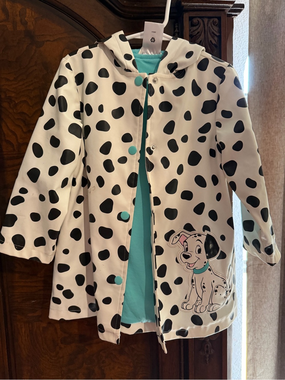 Vintage Disney Kids' Dalmatian Print Hooded Raincoat - White, Black, Teal